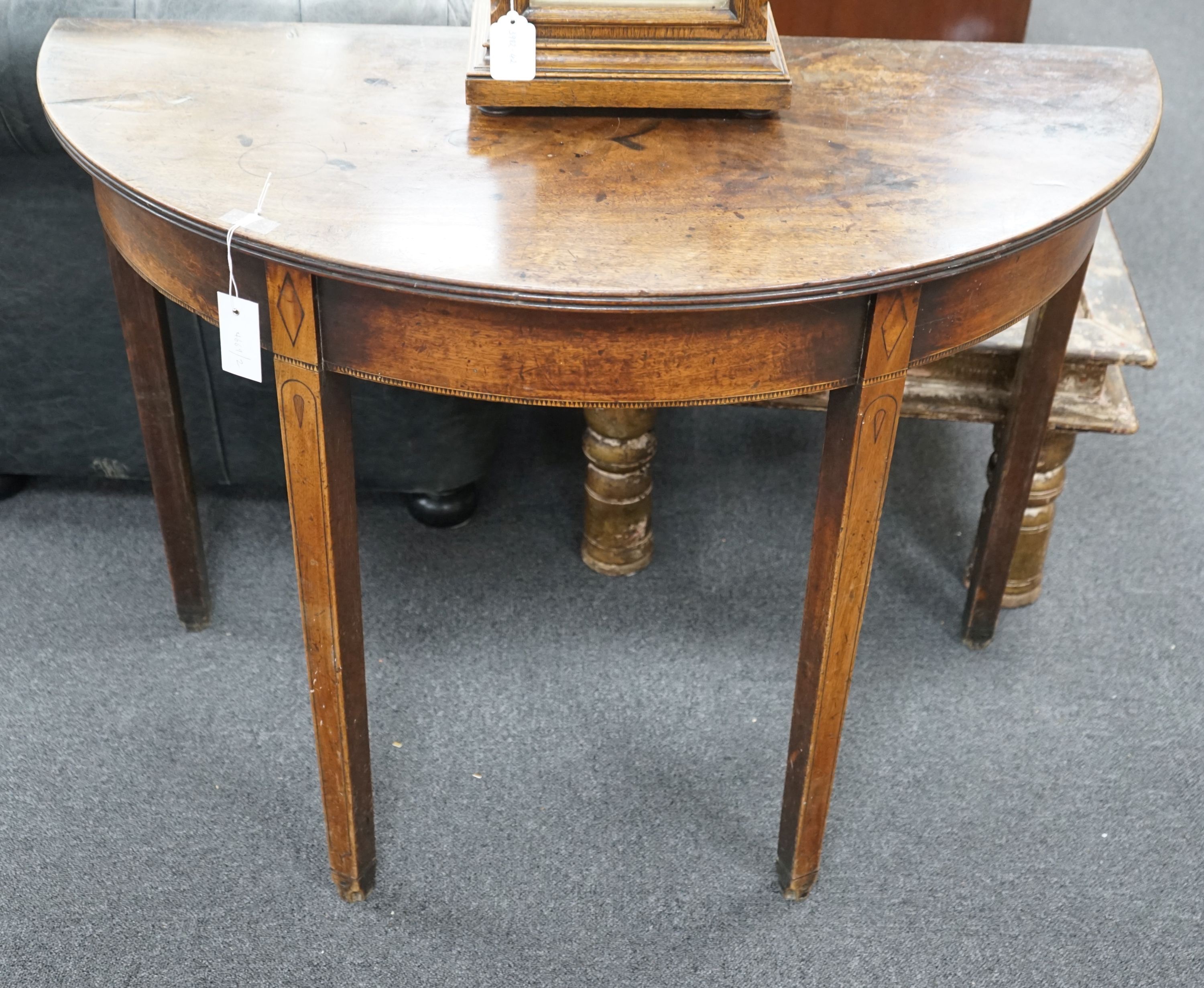 A George III inlaid mahogany D shaped side table, width 102cm, depth 50cm, height 73cm